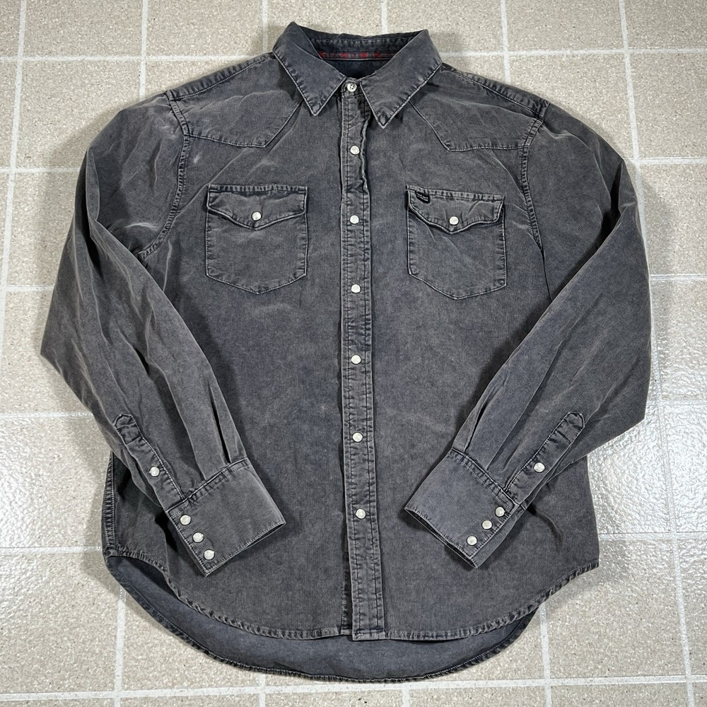 True Grit Pearl Snap Corduroy Shirt Mens Large Gray Western Rodeo Long Sleeve